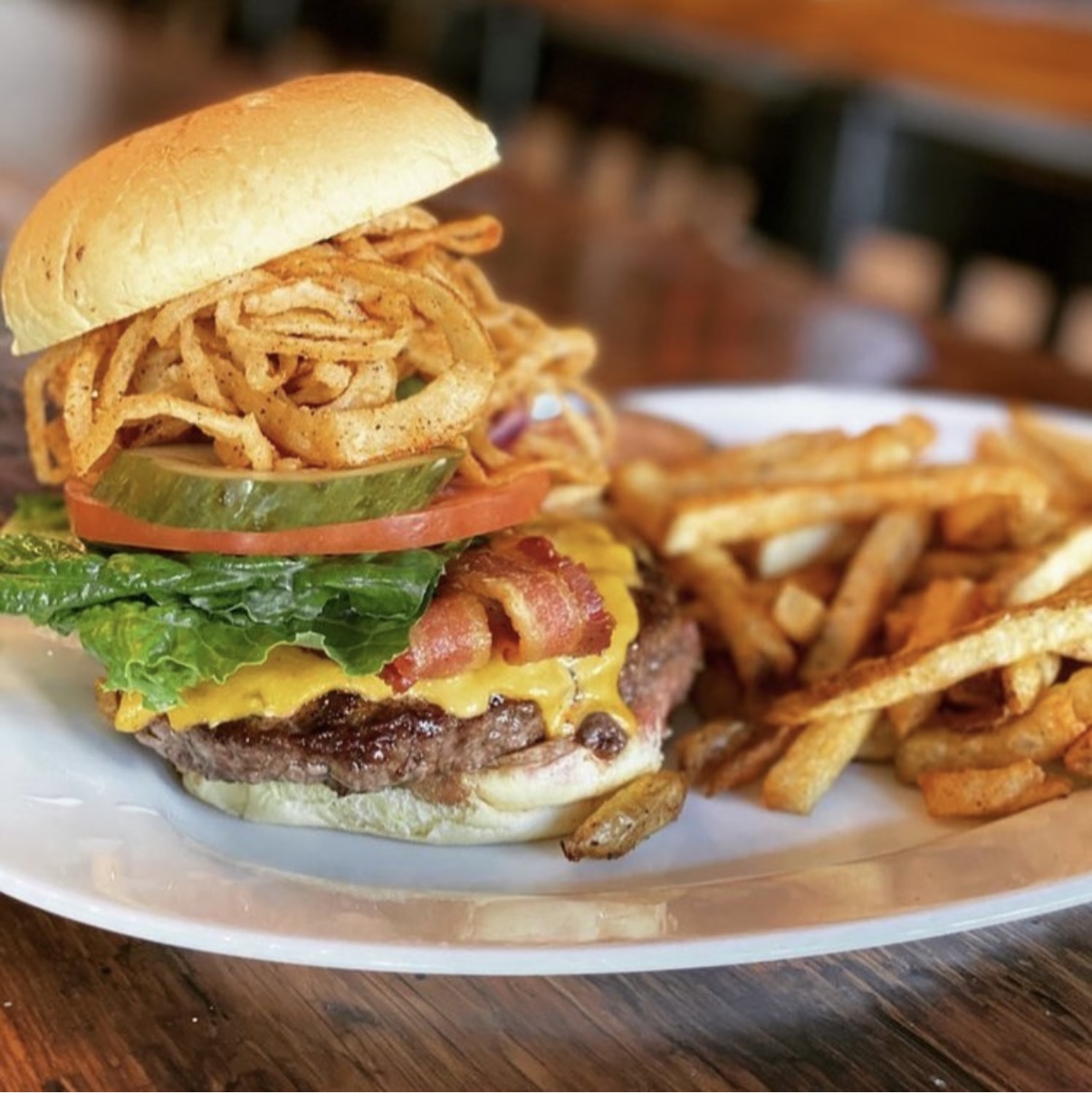 The Pico Burger, with shoestring onion rings